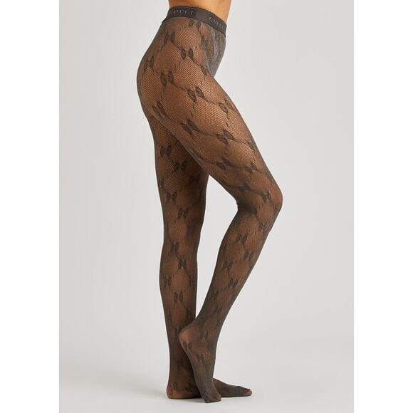 Gucci GG Logo Fishnet Hosiery Grey Silver Glitter Tights Size Small | NWT - Picture 1 of 5